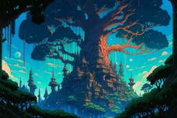 retro anime style, full color, dark serious 1980s anime style, a elf city in a giant tree, no humans, no people