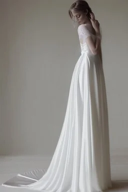 White silk and long lace wedding dress Photorealistic