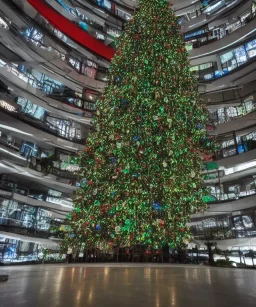 Christmas tree inside futuristic cyberpunk facility