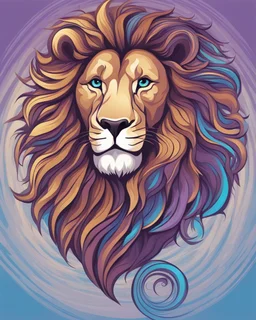 Illustration of a majestic lion, elegant design with swirling patterns and vibrant colors. Majestic presence of the lion accentuated by its golden mane and penetrating gaze. The background is a swirl of blues and purples. Rich colors give depth and dimension to the illustration, vector artwork