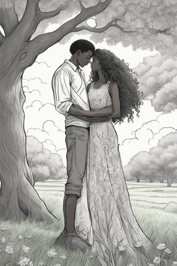 create a coloring page An illustration of a young heterosexual black couple standing under the shade of a towering oak tree, eyes closed and foreheads pressed together affectionately. The woman has long, curly hair that blows lightly in the breeze. She wears a floral sundress and holds her partner's hands tenderly. The background shows a sunny park with green grass, wildflowers, trees, and a pond. No shading, no color, No gray, clean lines and white back ground
