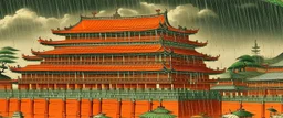 An orange colored coliseum in a thunderstorm painted by Utagawa Hiroshige
