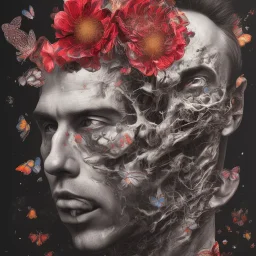 portrait of man with an exploding flower and butterflies inside his face, highly detailed black and white with red accents, oil painting.