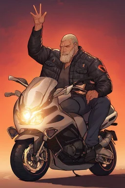 Clean cut thin asian man in a motorcycle jacket on a strange planet looking at the sunset