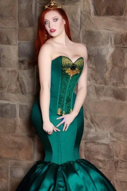 Busty princess full body with long auburn hair green eyes wearing a big dark teal green and gold satin ballgown corset off shoulder top at night