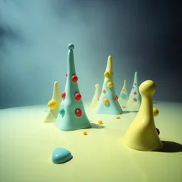 Fotografia di una superficie piatta di colore azzurro chiaro e giallo pastello, su cui si ergono surreali strutture di forma astratta, con macchie, di plastica dura, di colori vari. Yves Tanguy. Nebbia, oscurità, paranoic, obsessive, nightmare, notte, glossy, surreal, hasselblad h6d400c --ar 85:128 --v 6.