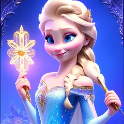 Flower , beautiful smiling elsa holding scepter, long hair amazing blue eyes, happy cosmic, bright colors, blue, pink, gold, jewels, realistic, photo real, clear godly background, highly detailed, high contrast, 8k high definition, unreal engine 5, extremely sharp detail, light effect, sunny light background