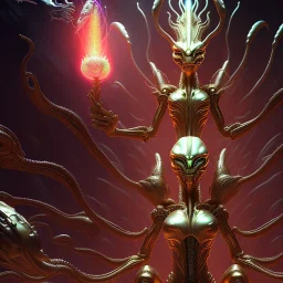 masterpiece poster of glistening elegant queen empress xenomorph alien meditating lotus position, inside ominous glowing alien temple shrine. in the style of aliens, by weta workshop, james cameron, h. r. giger, beautiful octane render, extremely intricate, epic composition, cinematic lighting, , trending on artstation, cinematic dramatic atmosphere, matte painting