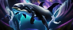 Beautiful create a surrealistic image of both animals together, create an orca and a flying elephant ; in a Black Landscape;Fine Art Photography By David LaChapelle; Aura Electrifying ;