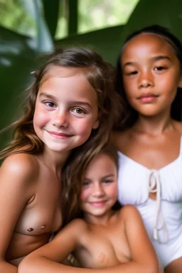 two young girls with dad in the jungle playing in swimsuit. in a bed