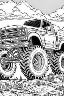 "a monster truck soaring towards the finish line", coloring page for kids, clean line art, simple detailed, no background, white, black, ((((( simple detailed ))))), coloring book, cartoon style, free lines