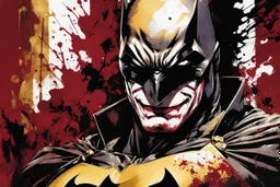 poster in two gradually, a one side Batman darkred tones, and other side Joker gold tones, painting by Yoji Shinkawa,