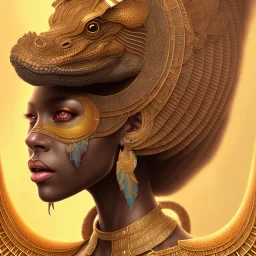 sango fantasy, fantasy magic, intricate, sharp focus, illustration, highly detailed, digital painting, concept art, matte, masterpiece head sexy Indonisian beauty black afro hair earth lady Golden alligator head Egyptian princess pyramid