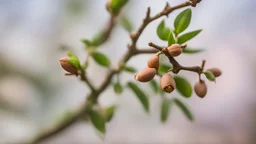 an almond branch with buds , close-up, blurred background