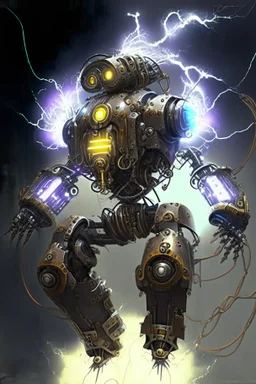 mechanical robot exosuit make electricity lightning coming from it, steampunk