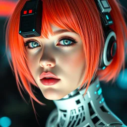 a pretty cyberpunk girl, cyborg, bright hair, futuristic