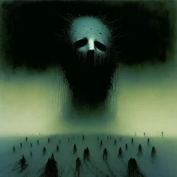 malignancy of nightmares depicting a fear of being alone, a conveyor belt of faceless heads on the Human Misery scale, Style by Zdzislaw Beksinski and Stephen Gammell