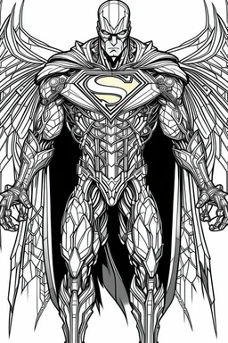 Facing front mechanical cyborg l Superman straddle wings detailed, intricate, mechanical, gears cogs cables wires circuits, gold silver chrome copper