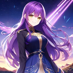 girl, masterpiece, best quality, volumetric lighting, detailed outfit, perfect eyes, long hair, purple hair, golden eyes, landscape, reflective water, shooting stars, night, fireflies, smile,