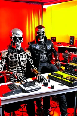 A fire starts in a radio studio, a Terminator T800 drums, a radio host of a hard rock show plays guitar, the host wears a gas mask and a black Iron Maiden shirt.