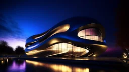 - Museo futurista con formas fluidas, metal reflectante, estilo Zaha Hadid, iluminación dusk dramática.