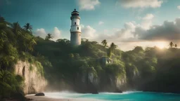 Photoreal magnificent gargantuan massive enormous medieval light house on an exotic caribbean jungle coast with a frothy turquoise sea at sunset by lee jeffries, in the style of fantasy movies, photorealistic, shot on Hasselblad h6d-400c, zeiss prime lens, bokeh like f/0.8, tilt-shift lens 8k, high detail, smooth render, unreal engine 5, cinema 4d, HDR, dust effect, vivid colors