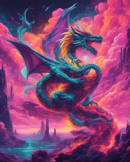 Dragon in a vibrant synthwave dreamscape, neon chaos swirling energetically around pixelated forms, a dynamic fusion of retro gaming nostalgia and futuristic abstraction