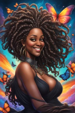 vibrant magna futurism image, airbrush, 48k, cartoon art image of a black curvy female sitting to the side smiling with a large mane of tight curly long dread locs flowing through the wind, she is wearing a black maxi dress. prominent makeup with hazel eyes, highly detailed hair, background bright colorful BUTTERFLIES surrounding her, dystopian