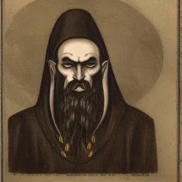 Vampire with yellow eyes and two eyes on forehead tentacle beard grey skin and vampire fangs and vampire bat nose and bat ears as a Russian Orthodox