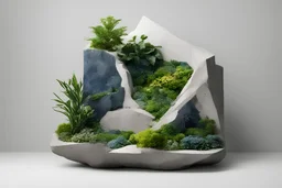 an odd looking piece of rock sitting in a room, in the style of nature-inspired forms, green and navy, , made of flowers, metropolis meets nature, concrete, white background