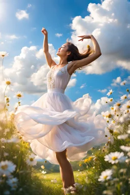 romantic environment heaven flowers clear nice clouds ,young girl gracefully dancing and whispering her lovely joy,full body shot,sharp focus, realistic.