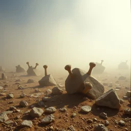 A striking quality Kodak photograph captures a wasteland with odd stones, odd spindle-shaped objects, spooky, creepy, details of the dust very accentuated, glossy, organic, adorned with minerals and rocks, fog. Bathed in feeble light, eerie, Max Ernst style, black sun, fog