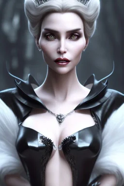 Constance Langdon as evil queen in black leather, busty, cleavage, angry, stern look. character design by fenghua zhong. unreal engine 5, artistic lighting, highly detailed, photorealistic, fantasy