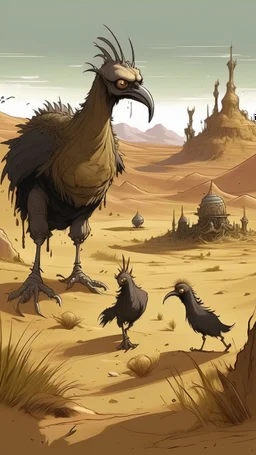 a big and wild ostrich and wolfs in the forgotten desert in medieval times, in anime style Bosch nightmares