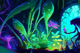 spaceship scene with a female humanoid plant made of vibrant, bioluminescent plant material. tending her garden on a spaceship Communicates through shifts in color and texture.