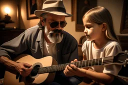 An angel handsome man with a very very!!! short, grey beard and moustache and a grey beret, with round black sunglasses and a shining halo plays guitar, in front of him a 7-year-old girl with blonde-brown hair is listening with her head propped on her elbow on a carpet, ethereal, heavenly, otherwordly, cinematic postprocessing, shading pastel and charcoal in sunshine, watercolor