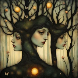 The faces you see in a spring forest... Modifiers: ethereal acrylic art abstract surreal Arthur Rackham Art Nouveau celestial Didier Lourenço Catrin Welz-Stein warm light fractured debeh