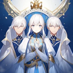 Twins, boy and girl, white hair, silver eyes, royal hall background