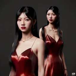 portrait only koren woman, long black hair, red dress, full body, 8k, highly realistic, octane render,