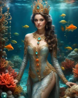 Fullbody excellent pose gorgeous photography art,cinematic realistic colors,soft blur ,natural beauty, of young woman, smiling, beautiful, shiny grey eyes, make up,Queen Persian style, shiny baubles, ornate, large gemstones, shiny molten metalics, shiny wire filigree, brown hair, high definition, Walk in underwater scene teeming with colorful coral, many full fish,clownfish, and gentle sea turtle