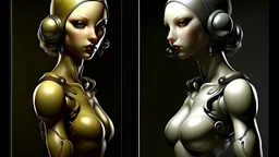 Surrealism.. Create an image featuring two humanoid robots holding hands. One robot should have a shiny light gray finish, while the other should have an opaque dark gray appearance. Both robots have their heads slightly tilted downwards, giving a mechanical and somewhat contemplative look. The setting is minimalistic, focusing on the contrast between the robots' finishes and their human-like connection. Contemporary art.