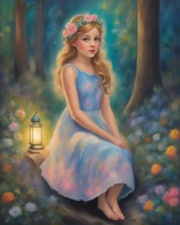 Oil pastel painting of a beautiful girl, floral dress, fantasy, dream, forest, sparkles background, glow, cute face, beautiful, oil pastel painting, fantasy art, fairy, young girl, beautiful portrait painting, flowers, colorful, inspired by Thomas Kinkade, fine art, 8k