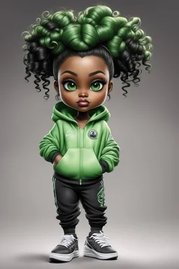 Create an airbrush image of a curvy chibi cartoon black female wearing a light green jogger set and black sneakers. Prominent make up with hazel eyes. Extremely highly detailed of messing curly bun