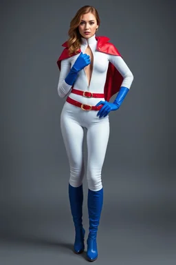 wearing an extremely, extra short, skintight, formfitting long-sleeved, white bodysuit with a high collar and a plunging neckline, blue elbow-length gloves, a red belt with a gold belt buckle, a red cape, knee-high blue boots