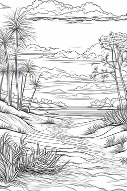create"high resolution, 2D line art design, white background, "sandy beach with trees" for coloring page, smooth vector illustration, monochrome,