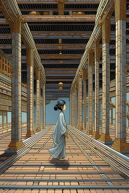 Frits Van den Berghe, Ivan Bilibin, Surreal, mysterious, bizarre, fantastical, fantasy, Sci-fi, Japanese anime, perspective painting, daggers, theater architecture, sacred miniskirt beautiful girl sleeping, perfect body, corridor between dreams and reality, automatic writing, history of the invisible things, detailed 3-points perspective masterpiece