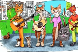 Group of three mature cats musicians, one cat playing guitar, one cat playing drums, one cat holding microphone and singing, street, Vienna, smiling, sunny day, model style, hyper realistic, extremely accurate, delicate, extremely detailed, Graphic novel style, wide-angle, open aperture, superfine pencil