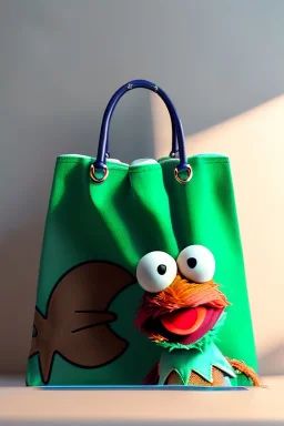 pret a porter bag made with muppet fabric, Sesame Street style, fashion photo studio, clean background, unreal engine 5, ray tracing, RTX, lumen lighting, ultra detail, volumetric lighting, 3d.