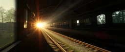 get aboard the rabbit train in the style of Rembrandt and Fallout 4, with motion blur and volume fog and sun rays and lense flare