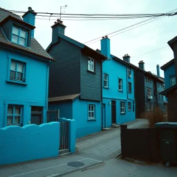 Fotografia di strada assurda e falsa orripilante blu weirdcore dai colori vivaci. Fantasy land. Escher. Non luogo falso, inusuale. Max Ernst. Le case sono false e dipinte di nero chiaro con cose stilizzate e dettagli. Ci sono finestrelle false quadrate, che danno un senso distopico e molto surreale, disposte in modo casuale. L'atmosfera generale sembra noiosa e onirica, con un contrasto tra elementi reali ed elementi dipinti falsi, René Magritte, oddest things